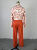 Momentlover Flower Print Long Sleeves Hollow Mock Neck Shirts Top + High Waisted Pants Bottom Two Pieces Set