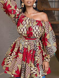 Momentlover Tied Waist Flower Print Elasticity Three-Quarter Sleeves Puff Sleeves One-Shoulder Mini Dresses