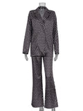 Momentlover Printed Long Sleeves Lapel Outwear Top + Flared Trousers Bottom Two Pieces Set