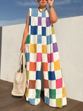 Momentlover Loose Sleeveless Contrast Color Plaid Jumpsuits