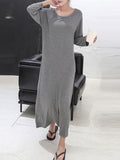 Momentlover Simple Modal Solid Color Round-Neck Long Sleeves Midi Dress