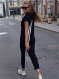 Momentlover Fashion Stripes Zipper Hooded Jumpsuits
