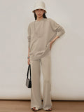 Momentlover Urban Loose Solid Round-Neck Vest Top& V-Neck Sweater Tops& Wide Leg Pants Three-Piece Set