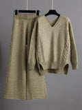 Momentlover Stylish Loose Long Sleeves Solid Color V-Neck Sweater Tops& Wide Leg Pants Two Pieces Set