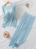 Momentlover V-Neck Solid Color Long Sleeve&Pants Pajamas Sets