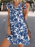 Momentlover Tied Split-Joint Printed Short Sleeves Ruffle Sleeves V-Neck Mini Dresses