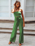 Momentlover Original Cold Shoulder Tied Solid Color Straight Leg Jumpsuits