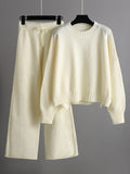 Momentlover Stylish Loose High-Low Long Sleeves Solid Color Round-Neck Sweater Tops& Wide Leg Pants Two Pieces Set