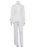 Momentlover Loose Solid Color Pleated Blouse&Wide Legs Pants 2 Pieces Set