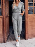 Momentlover Elasticity Belted Long Sleeves V-neck Jumpsuits