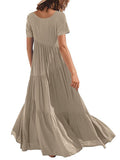 Momentlover Casual Short Sleeves Loose Solid Color Round-Neck Maxi Dresses