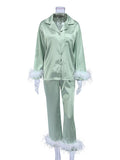 Momentlover Split-Joint Long Sleeves Buttoned Feathers Notched Collar Shirts Top + Pants Bottom Pajama Sets