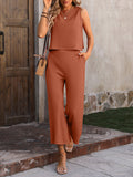 Momentlover Loose Sleeveless Pockets Solid Color Round-Neck Vest Top&Pants Two Pieces Pants Set