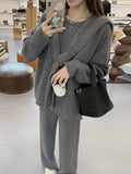 Momentlover Solid Color Wide Leg Loose Round-Neck Three Pieces Set