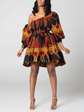 Momentlover Tied Waist Printed Elasticity Three-Quarter Sleeves Puff Sleeves One-Shoulder Mini Dresses