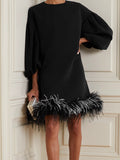 Momentlover Loose Puff Sleeves Feathers Split-Joint Round-neck Mini Dresses Short Dresses