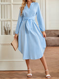 Momentlover Tied Waist Striped Puff Sleeves Loose V-Neck Shirt Dress Midi Dresses