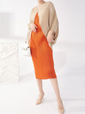 Momentlover Pleated Contrast Color Loose Batwing Sleeves Round-neck Midi Dresses