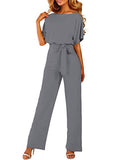 Momentlover Solid Color Ribbed Wide Leg Short Sleeves Round-neck Jumpsuits