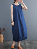 Momentlover Simple Denim Blue Round-Neck Buttoned Sleeveless Midi Dress