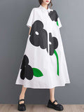 Momentlover Floral Printed Buttoned Short Sleeves Loose Lapel Collar Midi Dresses