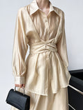 Momentlover Solid Color Long Sleeves Tied Waist Blouse + Loose Elasticity Waist Skirt Two Pieces Set