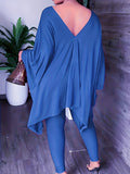 Momentlover Batwing Sleeves Loose Solid Color V-Back V-Neck Shirts Tops&Pants Two Pieces Set
