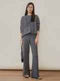 Momentlover Urban Loose Solid Round-Neck Vest Top& V-Neck Sweater Tops& Wide Leg Pants Three-Piece Set