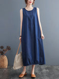 Momentlover Simple Denim Blue Round-Neck Buttoned Sleeveless Midi Dress