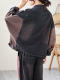 Momentlover Contrast Color Fringed Split-Joint Long Sleeves Printed Outwear + Harem Pants  Two Pieces Set