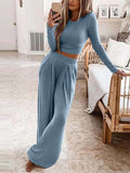 Momentlover Solid Color Plus Size Round-Neck Long Sleeves Shirts Top + Pants Bottom Two Pieces Set