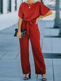 Momentlover Solid Color Ribbed Wide Leg Short Sleeves Round-neck Jumpsuits