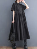 Momentlover Simple Short Sleeves Loose Buttoned Falbala Split-Joint Solid Color Midi Shirt Dress