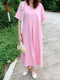 Momentlover Loose Solid Color V-Neck Pleated With Pockets Midi Dresses