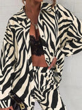 Momentlover Zebra-Stripe Plus Size Long Sleeves Buttoned Lapel Blouses Top + Elasticity Pants Bottom Two Pieces Set