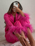 Momentlover Split-Joint Long Sleeves Buttoned Feathers Notched Collar Shirts Top + Pants Bottom Pajama Sets