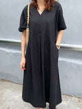 Momentlover Loose Solid Color V-Neck Pleated With Pockets Midi Dresses