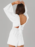 Momentlover Tied Solid Color Elasticity Backless Puff Sleeves Loose Square-Neck Rompers