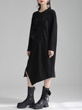 Momentlover Three-Dimensional Flower Asymmetric Loose Long Sleeves Round-Neck Midi Dresses