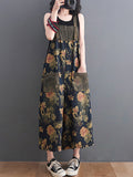 Momentlover Split-Joint Floral Printed Buttoned Wide Leg Oversize Overalls Ninth Pants