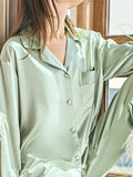 Momentlover Split-Joint Long Sleeves Buttoned Feathers Notched Collar Shirts Top + Pants Bottom Pajama Sets
