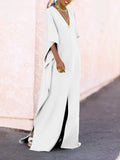 Momentlover Batwing Sleeves Loose Solid Color Split-Side V-Neck Maxi Dresses