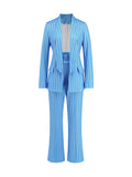 Momentlover Striped Long Sleeves Lapel Blazer Top + Wide Leg Pants Bottom Two Pieces Set