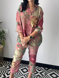 Momentlover Flower Print Long Sleeves Buttoned Lapel Shirts Top + Ninth Pants Pants Bottom Two Pieces Set