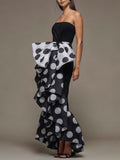 Momentlover Split-Joint Polka-Dot Pleated Bow-Embellished Sleeveless Skinny Tube Maxi Dresses