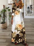 Momentlover Flower Print Contrast Color Wrap Loose V-Neck Maxi Dresses