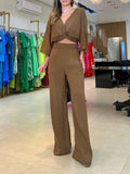 Momentlover Solid Color Triangle Bras + Three-Quarter Sleeves Blouse + Pants Trousers Three Pieces Set