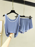 Momentlover Home Wear Loose Sleeveless Contrast Color Round-Neck Vest&Shorts Pajamas Set