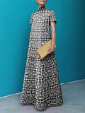 Momentlover Loose Short Sleeves Printed Stand Collar Maxi Dresses