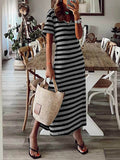 Momentlover Striped Split-Side Printed Short Sleeves Loose V-Neck Midi Dresses